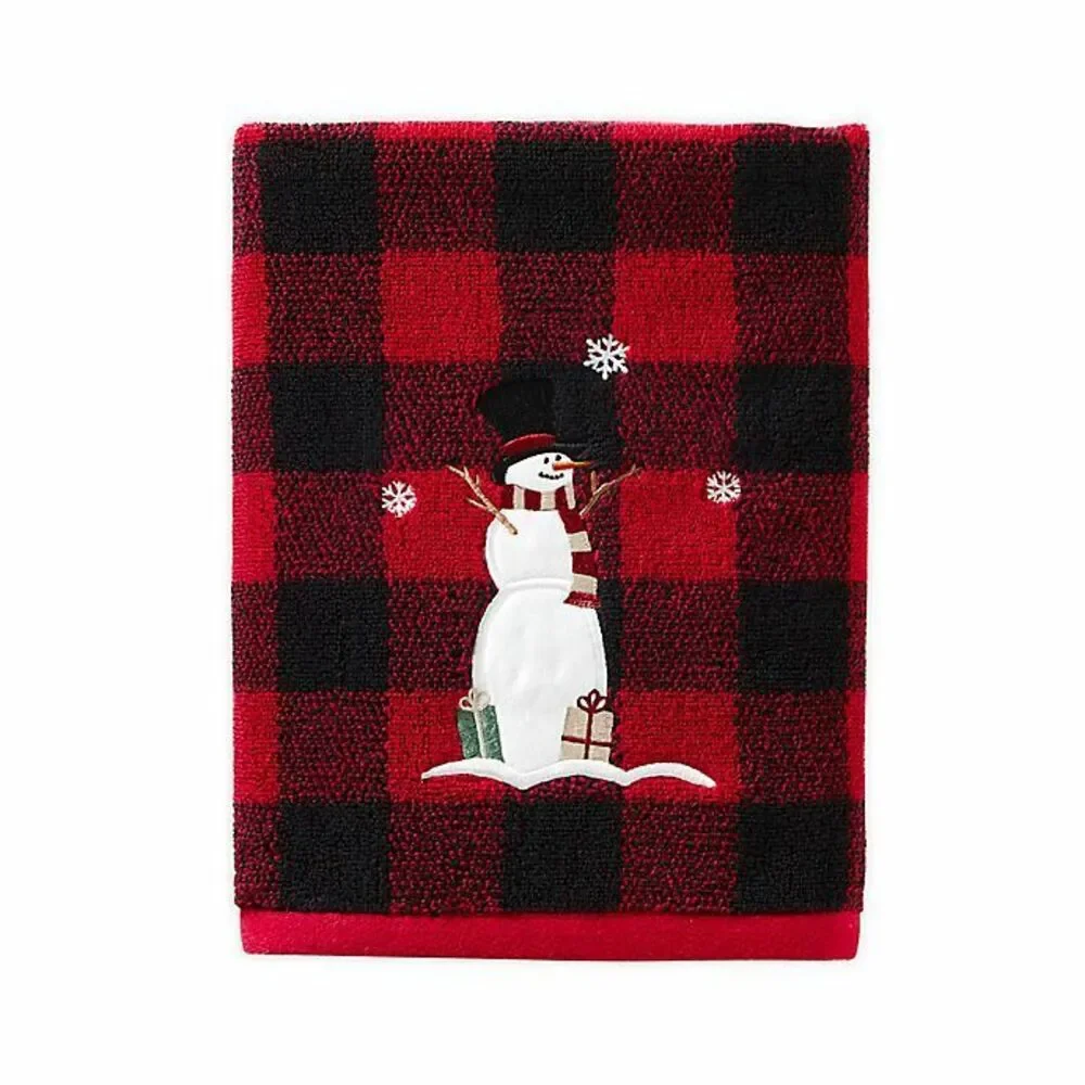 Christmas Snowman Bath Towels Embroidered Cabin Country Buffalo Check Set of 2
